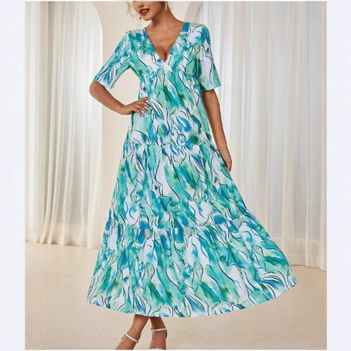 Damen Maxikleid mit voluminösen Rüschen und modischem V-Ausschnitt EB