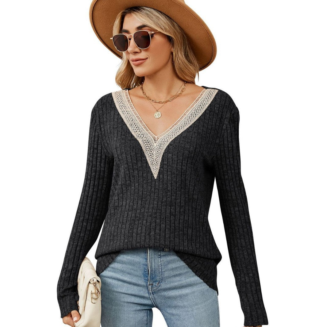 Damen Strickpullover mit V-Ausschnitt und romantischer Spitze EB