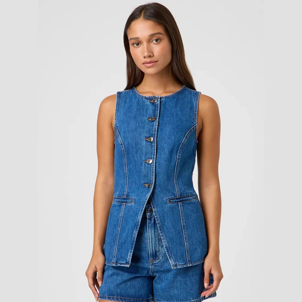 Damen Jeansweste mit tailliertem Schnitt und praktischen Taschen EB