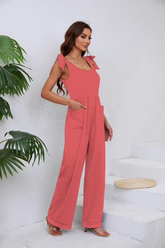 Damen Eleganter Jumpsuit mit verstellbaren Trägern und weitem Bein EB