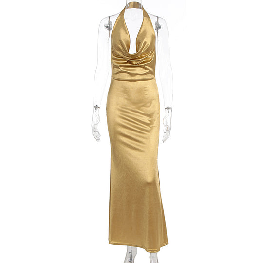 Damen Elegantes Maxikleid mit tiefem V-Ausschnitt und fließendem Fall EB