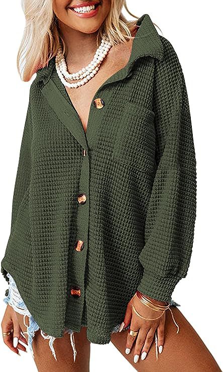 Damen lässige Waffle-Hemdenjacke mit Knopfverschluss EB