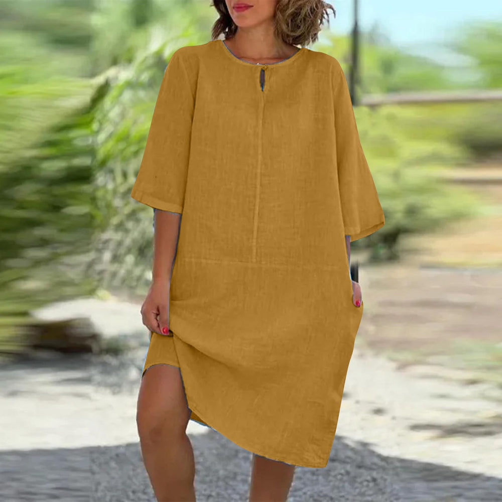 Damen luftig geschnittenes Kleid mit praktischen Taschen und elegantem Ausschnitt EB