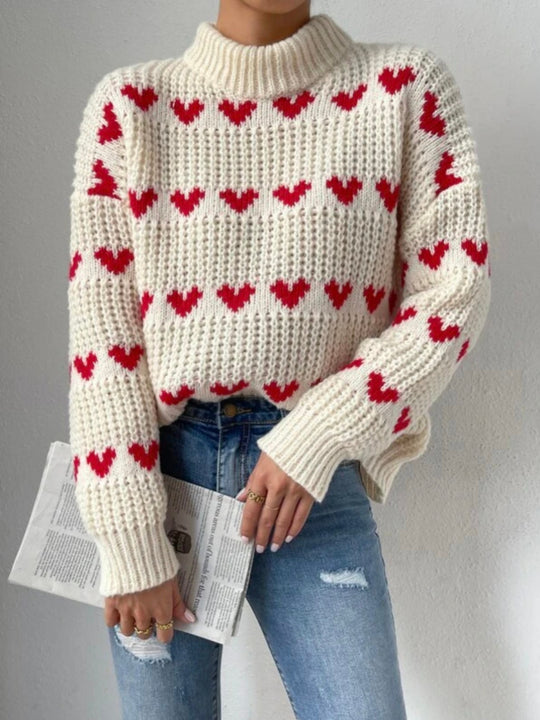 Damen Grobstrickpullover mit Herzmuster und Rollkragen EB