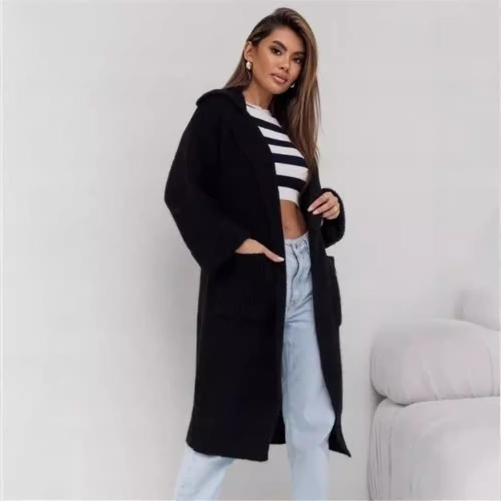 Damen Langer Strickmantel mit Kapuze und praktischen Taschen EB