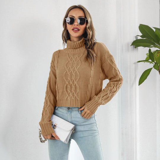 Damen Grobstrickpullover mit hohem Rollkragen und romantischem Zopfmuster EB