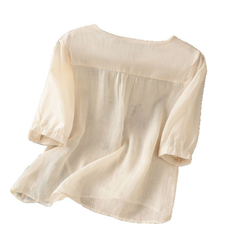 Damen Blusenshirt mit floralem Stickdesign und knöpfbarem Ausschnitt EB