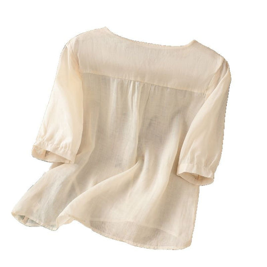 Damen Blusenshirt mit floralem Stickdesign und knöpfbarem Ausschnitt EB
