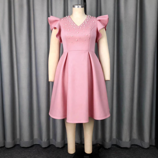 Damen A-Linien Kleid mit glitzernden Perlen und voluminösen Ärmeln EB