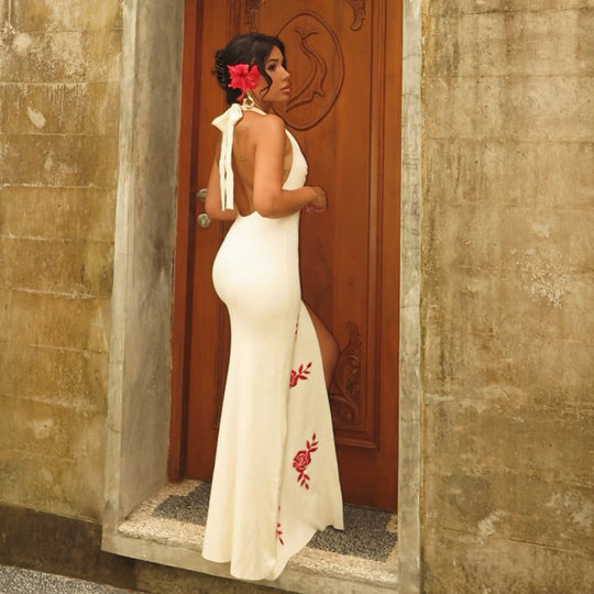 Damen Elegantes Maxikleid mit floralem Print und transparentem Schlitz EB