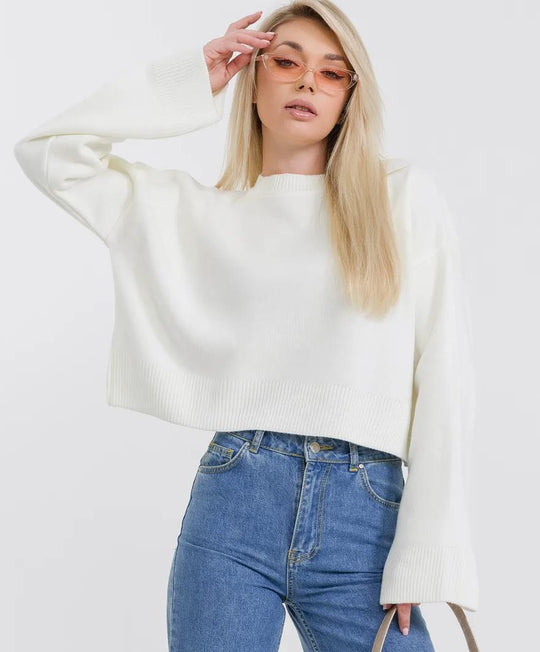 Damen cropped Strickpullover mit voluminösen Ärmeln und Rundhalsausschnitt EB