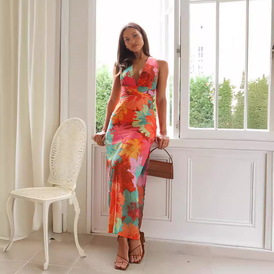 Damen Florales Maxikleid mit tiefem V-Ausschnitt und figurbetontem Schnitt EB