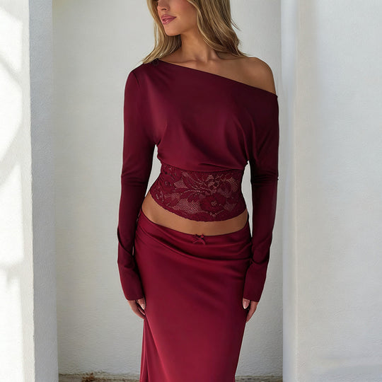 Damen elegantes Crop-Top mit Spitzenbesatz und langen Ärmeln EB
