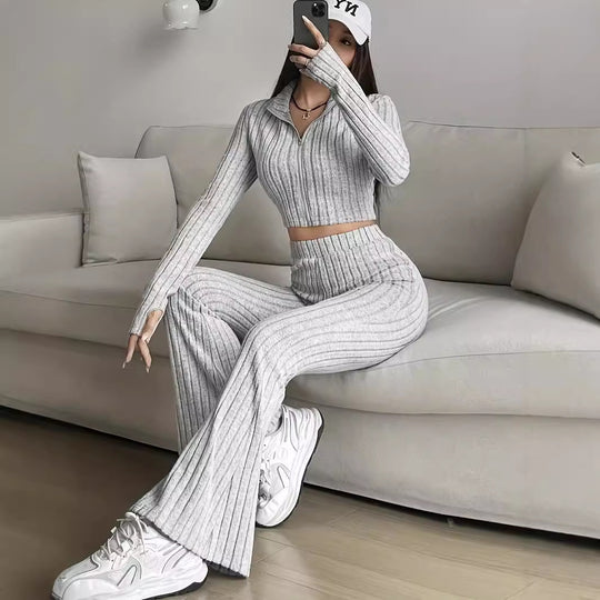 Damen Crop-Pullover und Flared Pants Set EB
