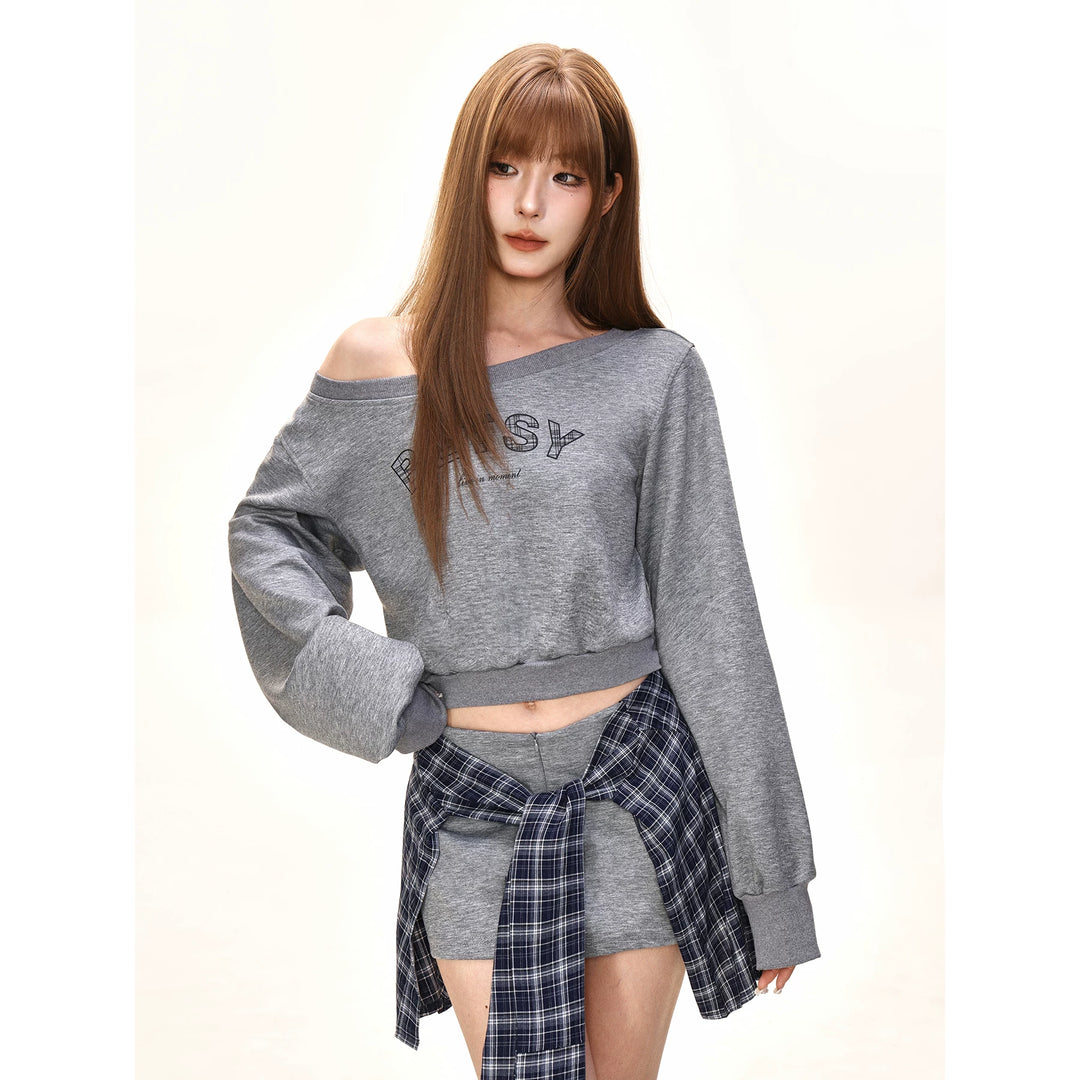 Damen nan einseitig offenes Cropped-French-Terry-Pullover mit voluminösen Ärmeln und Rippbund EB