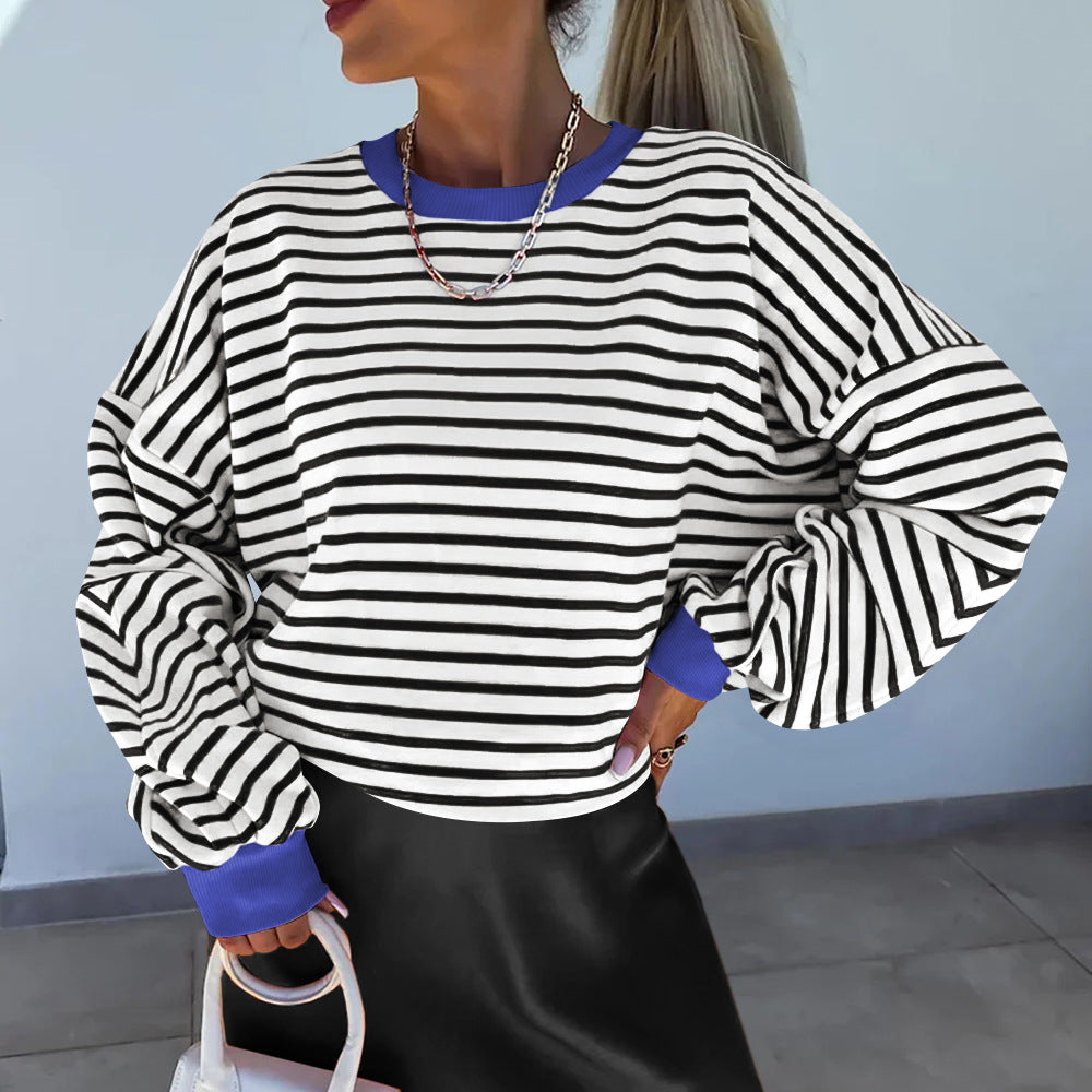 Damen lässiges gestreiftes Sweatshirt mit Boxy-Schnitt und kontrastierenden Abschlüssen EB