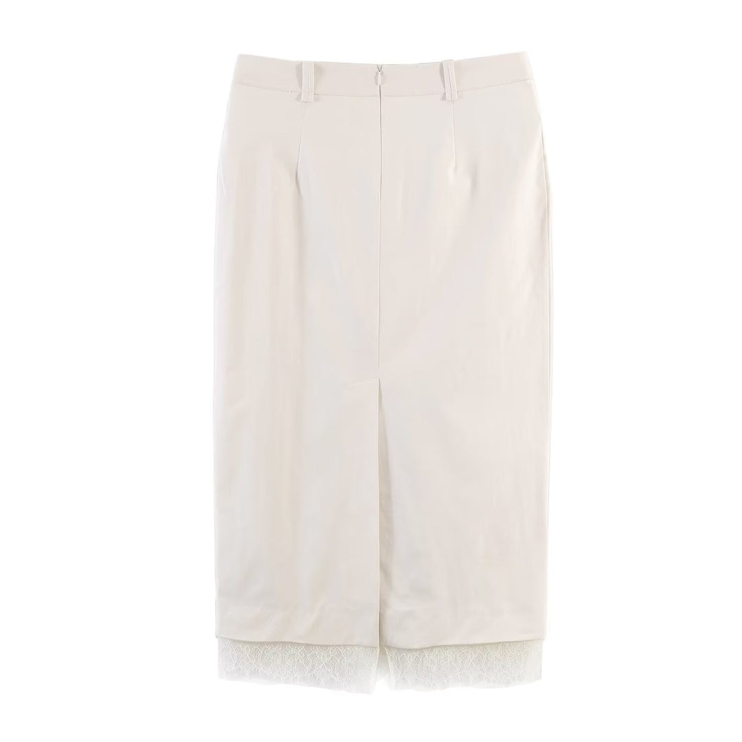 Damen eleganter Bleistiftrock mit transparentem Spitzenabschluss EB