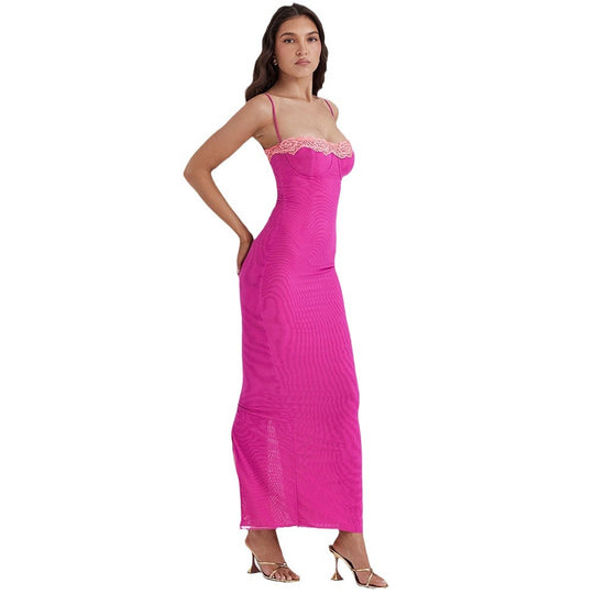 Damen Figurbetontes Maxikleid mit Spitze und raffiniertem Ausschnitt EB