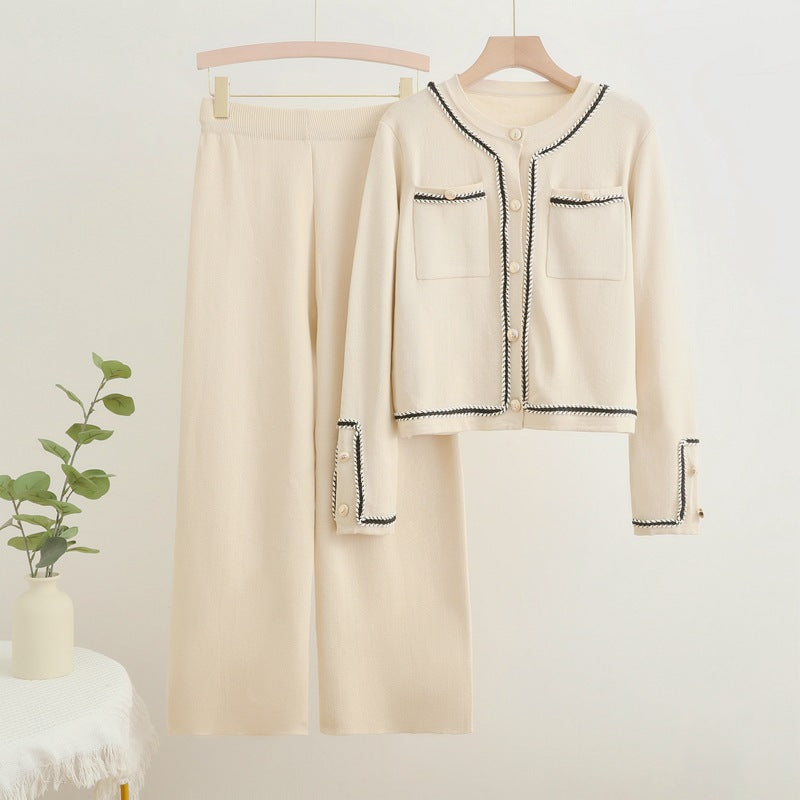 Damen elegantes Zweiteiler-Set mit strukturiertem Blazer und weitem Hosen EB