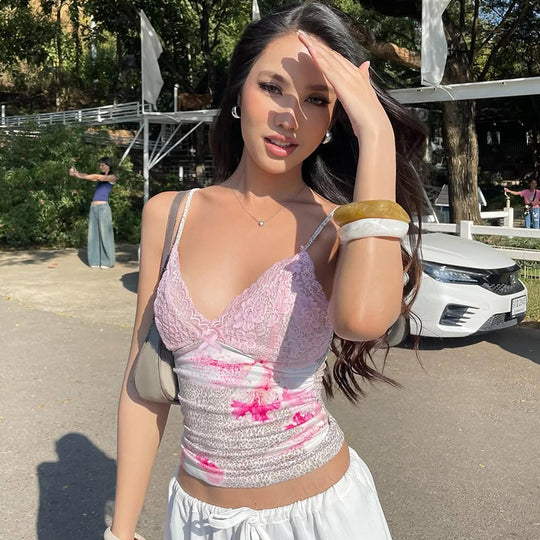 Damen Spaghettiträger Top mit Blumenmuster und Spitze EB