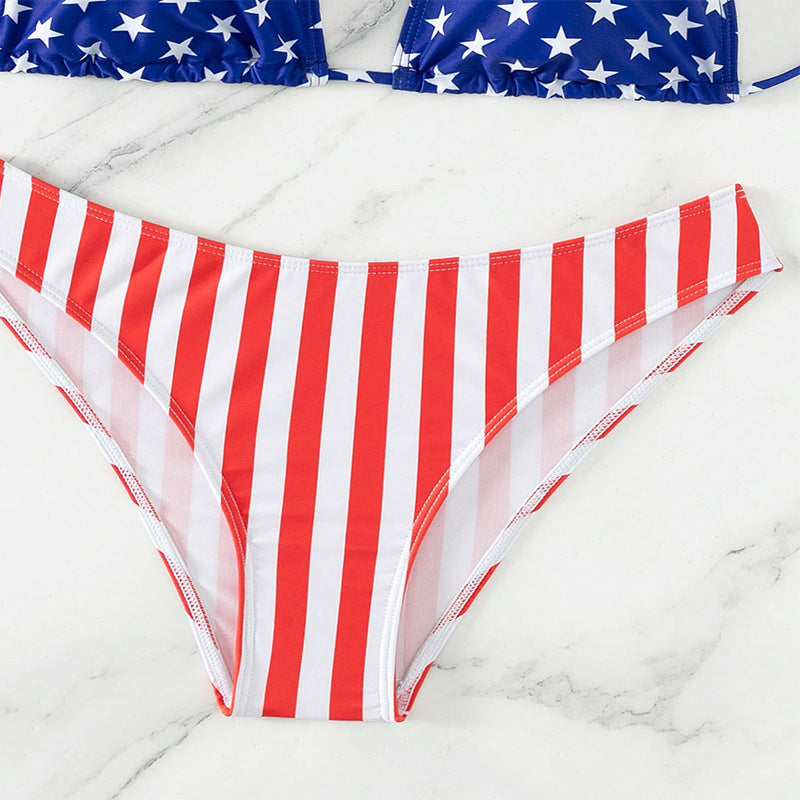 Damen Hochgeschnittener Triangel-Bikini mit patriotischem Druck EB