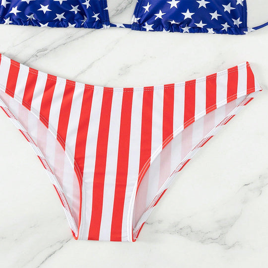 Damen Hochgeschnittener Triangel-Bikini mit patriotischem Druck EB