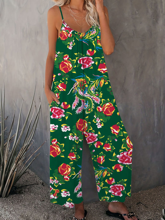 Damen Luftiger Jumpsuit mit floralem Design und verstellbaren Trägern EB