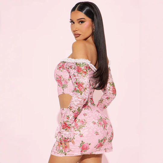 Damen Off-Shoulder Blusenkleid mit floralen Akzenten und asymmetrischem Design EB