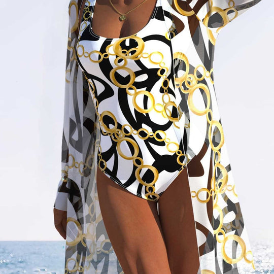 Damen eleganter Einteiler Badeanzug mit transparentem Überwurf und modernem Ringdesign EB