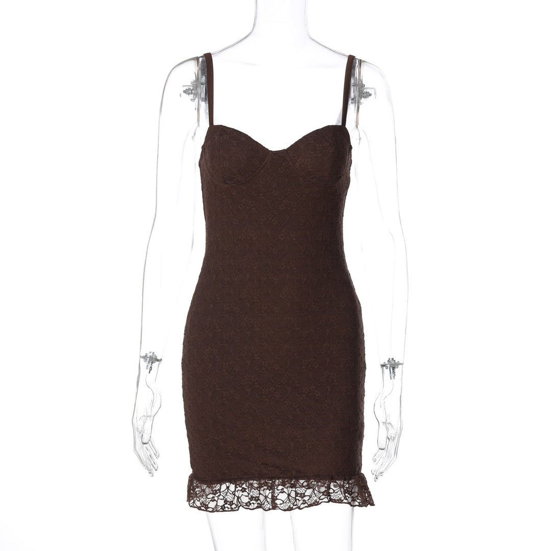 Damen figurbetontes Spitzenkleid mit verführerischem Bustier-Ausschnitt und dekorativem Saum EB