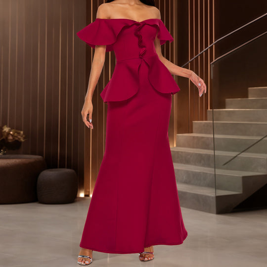 Damen Elegantes Abendkleid mit schulterfreien Rüschen EB