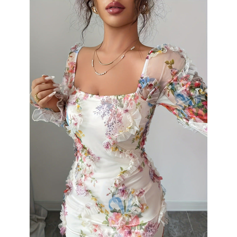 Damen Elegantes Midikleid mit floralen Spitzenärmeln und Rüschendetails EB