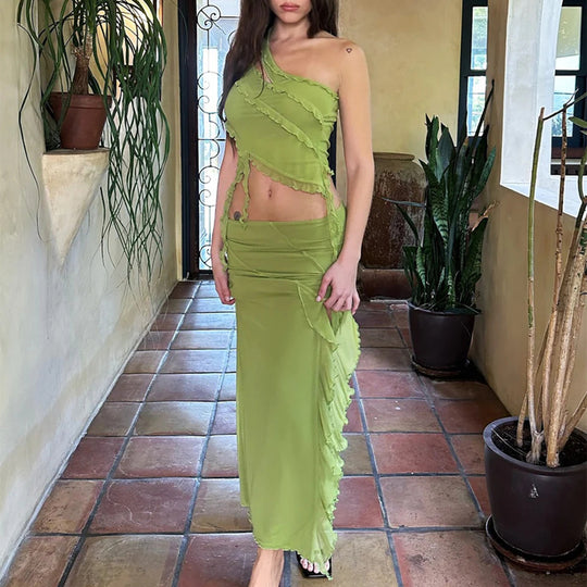 Damen hochgeschlossenes Maxikleid mit asymmetrischem Rüschendesign und eleganter Drapierung EB