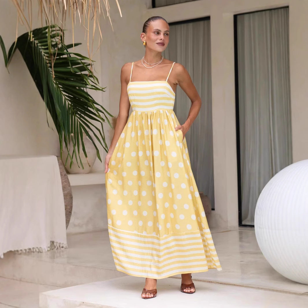 Damen Maxikleid mit gerafftem Oberteil und verspieltem Punkt- und Streifenmuster EB