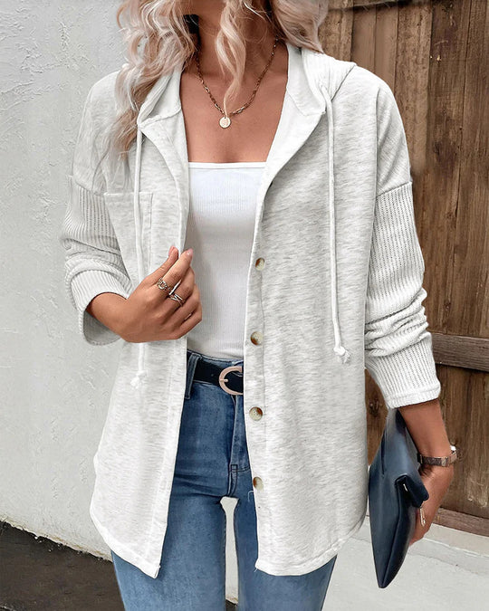 Damen Kapuzencardigan mit Knopfleiste, kontrastierenden Rippärmeln und lässiger Longline-Silhouette EB