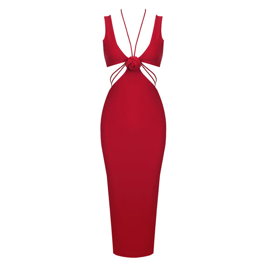 Damen figurbetontes Kleid mit raffinierten Rückendetails und floralem Akzent EB