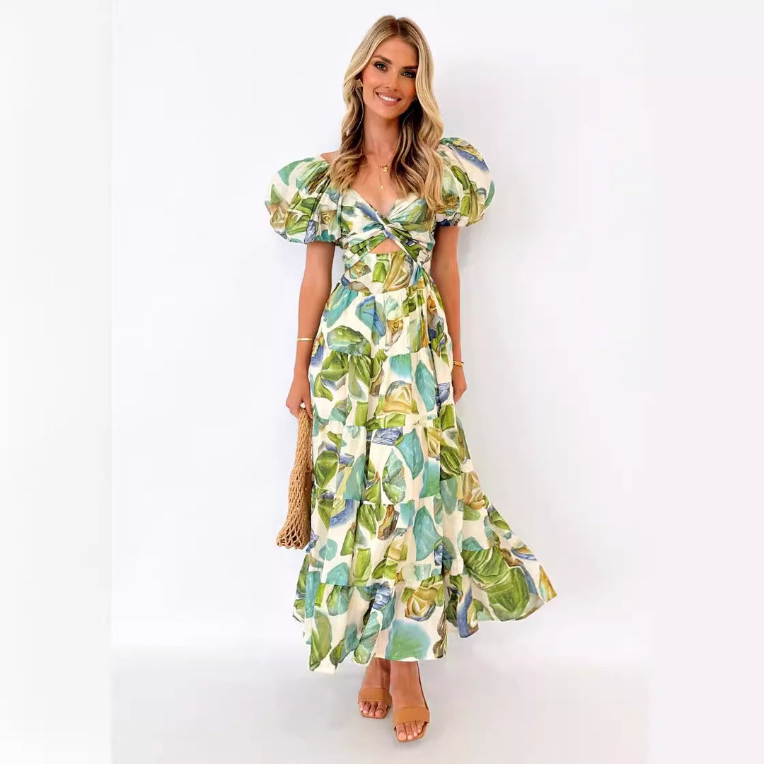 Damen Maxikleid mit voluminösen Puffärmeln und floralem Muster EB