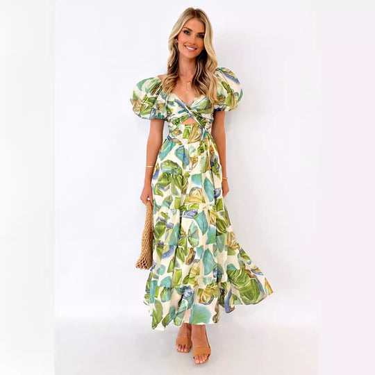 Damen Maxikleid mit voluminösen Puffärmeln und floralem Muster EB