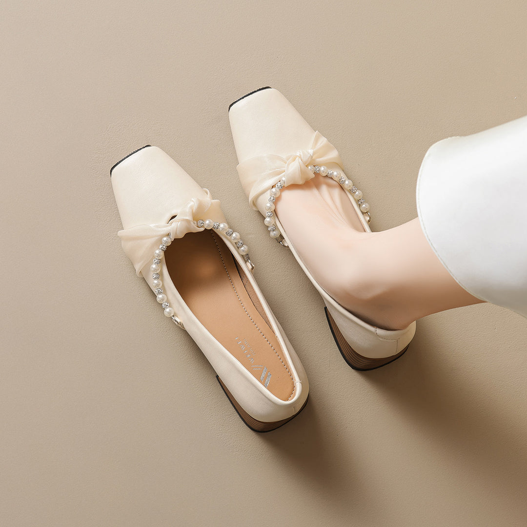 Damen elegante Ballerinas mit modischem Schleifenakzent und funkelnden Perlen EB