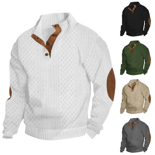 Herren Strukturiertes Zopfmuster-Henley-Pullover mit Lederbesatz an Ellbogen & Knopfleiste EB