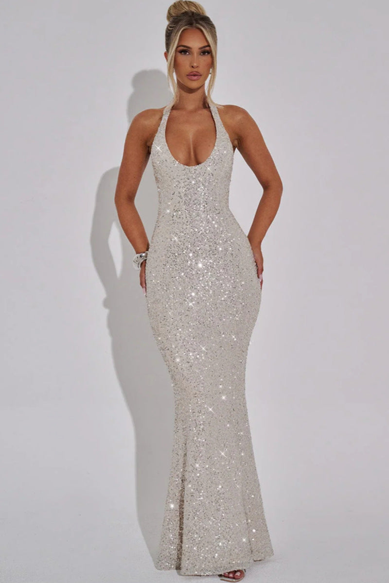 Damen Glamouröses Pailletten-Maxi-Kleid mit tiefem V-Ausschnitt und schmalem Schnitt EB