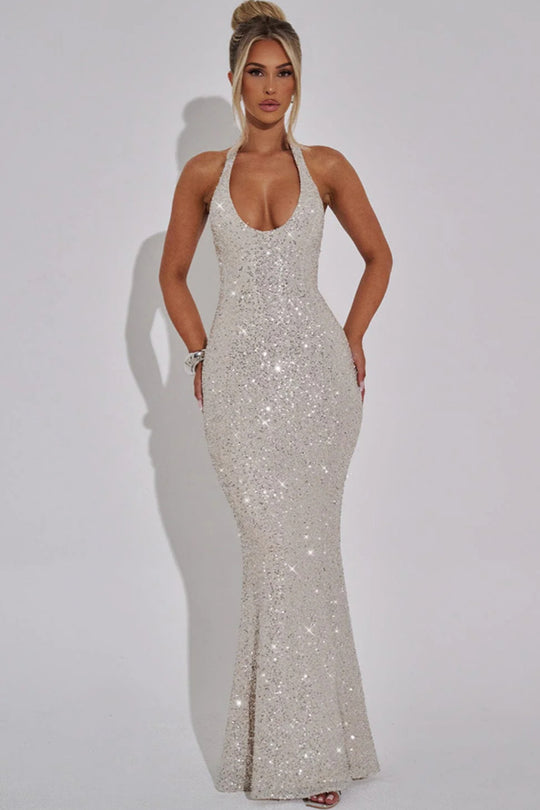 Damen Glamouröses Pailletten Kleid mit tiefem V-Ausschnitt und langem Saum EB