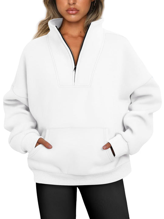 Damen nan oversized Halbzip-Hoodie mit hohem Stehkragen, Kängurutasche und gerippten Bündchen EB