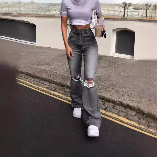 Damen Vintage Schlagjeans mit modischen Rissdetails und hohem Bund EB