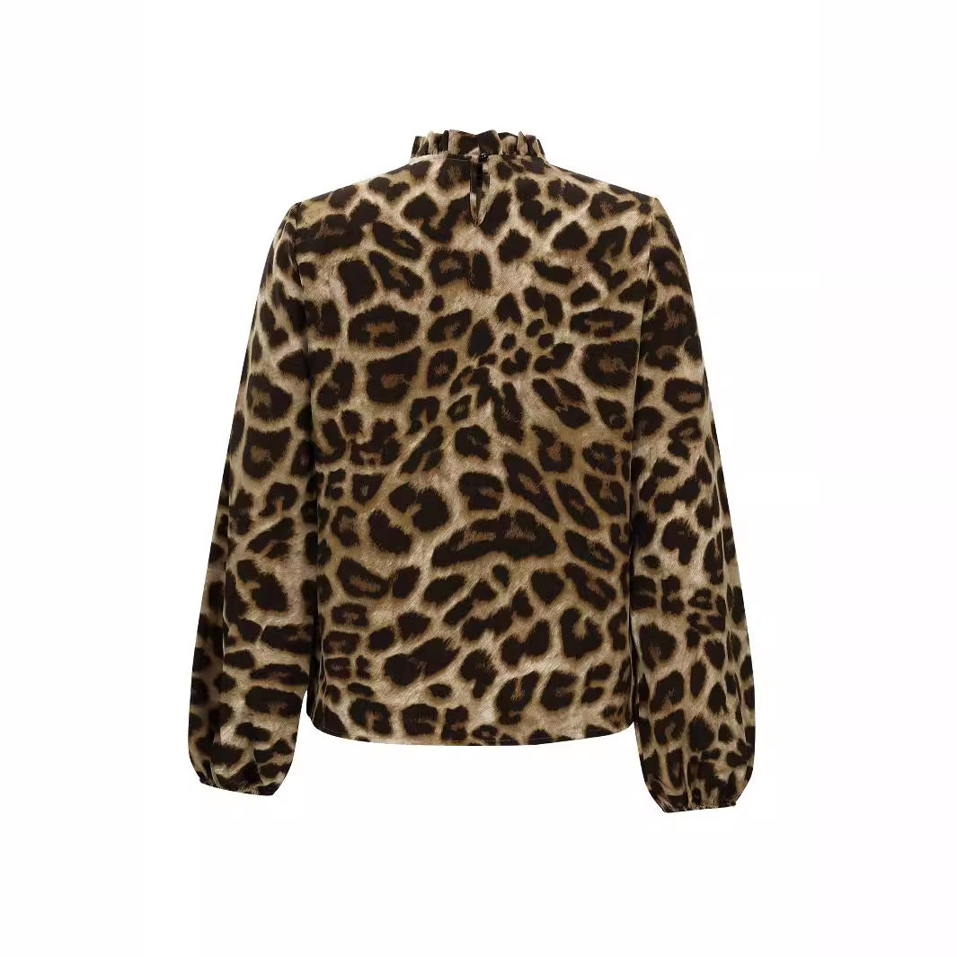 Damen Bluse mit elegantem Leopardenmuster und Rüschenkragen EB