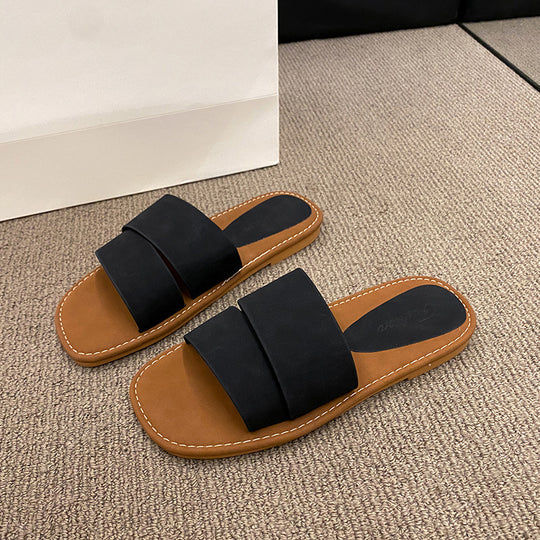 Damen modische Slide-Pantoletten mit breitem Riemen und weichem Fußbett EB
