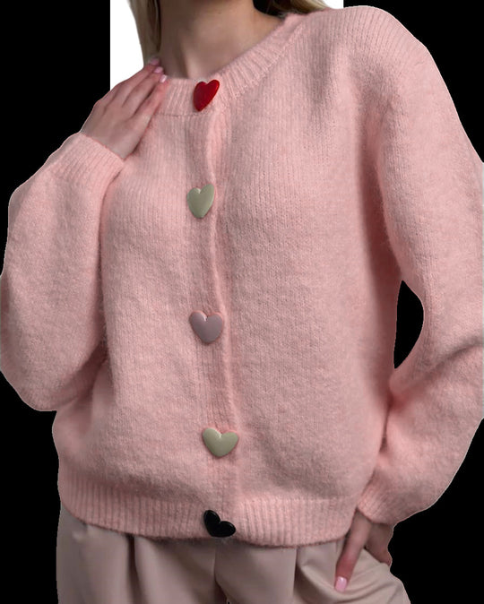 Damen lockerer Strickpullover mit herzförmigen Knöpfen und weitem Schnitt EB