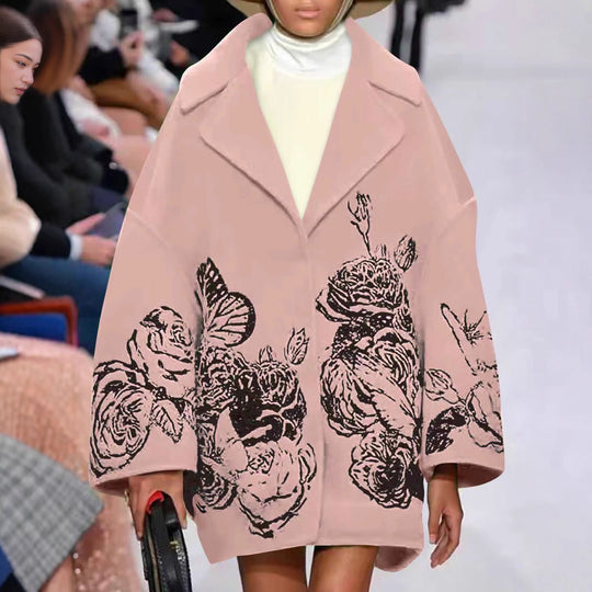 Damen Oversized Wollmix-Mantel mit floraler Print- und Stickerei-Optik EB