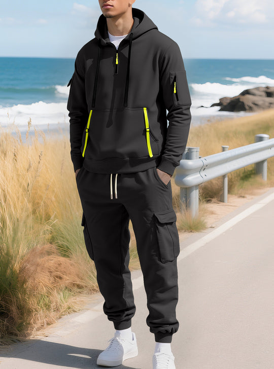 Herren nan lässiger Halbzip Hoodie mit Kängurutasche und Cargo Jogginghose mit Reißverschlussdetails EB