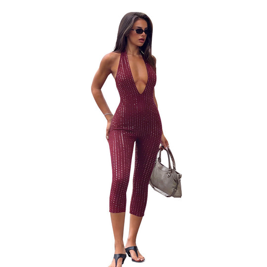 Damen modischer Netz-Jumpsuit mit tiefem Ausschnitt EB
